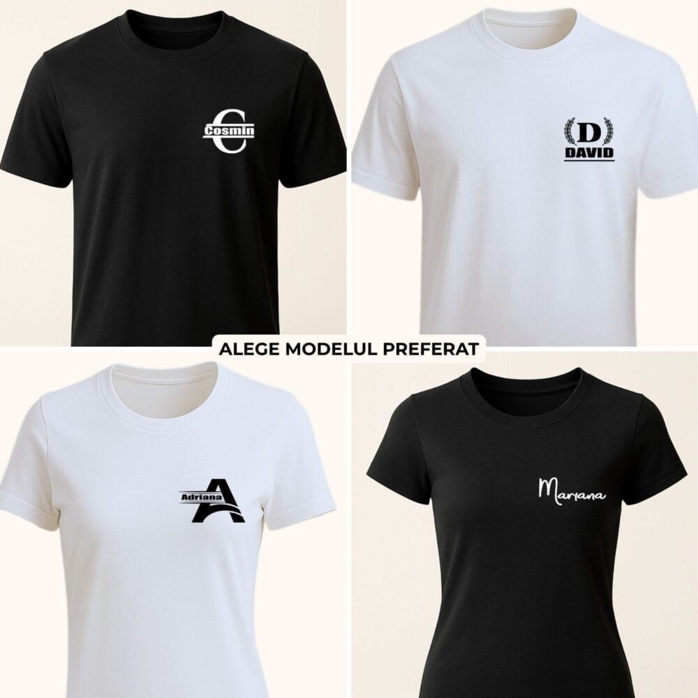 4 modele de tricou personalizat cu monogramă și nume, variante alb și negru pentru adulți