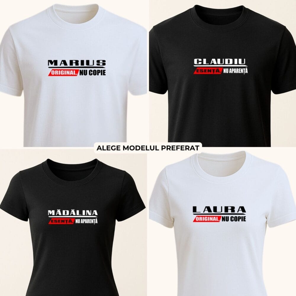 Modele de tricou personalizat cu nume și mesaj statement, variante alb și negru pentru femei și bărbați
