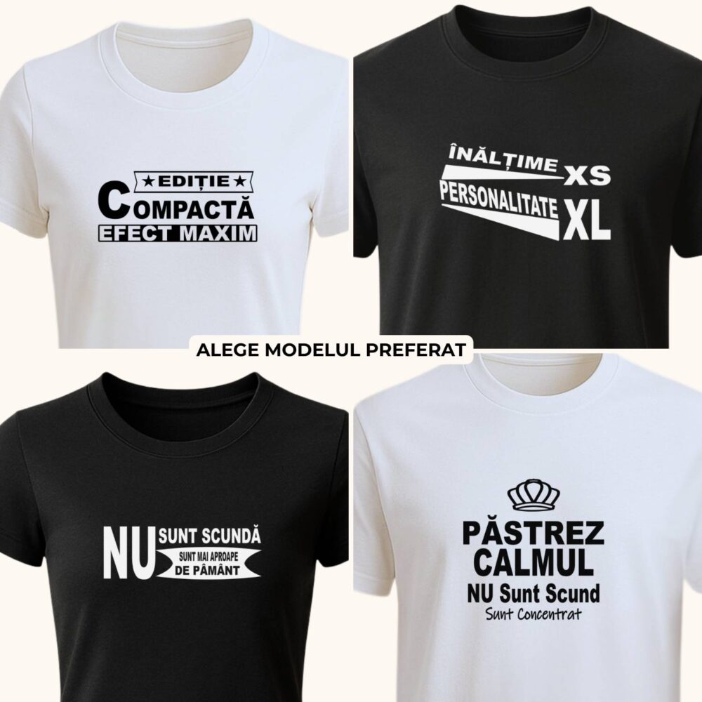 Colaj cu 4 modele de tricouri amuzante unisex pentru persoane scunde, alb și negru, cu mesaje funny și personalizabile