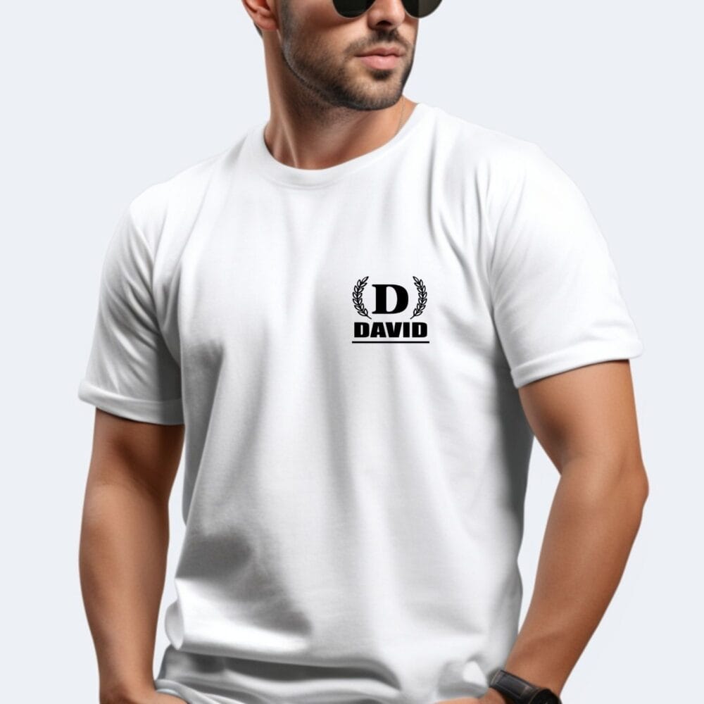 Tricou alb pentru bărbați personalizat cu monogramă Laurel, inițială și nume