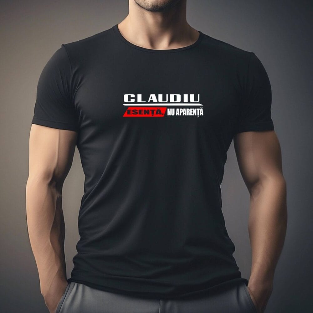 Tricou negru pentru bărbați personalizat cu numele Claudiu și mesajul Esență, nu aparență