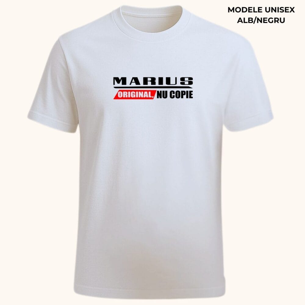 Tricou personalizat cu nume și mesaj statement, model unisex alb cu numele Marius