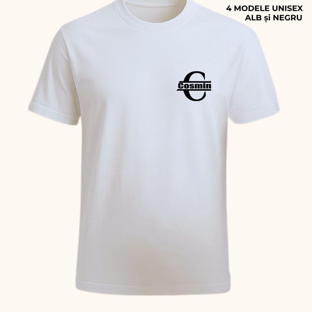 Tricou personalizat cu monogramă, inițială și nume, model unisex alb pentru femei și bărbați