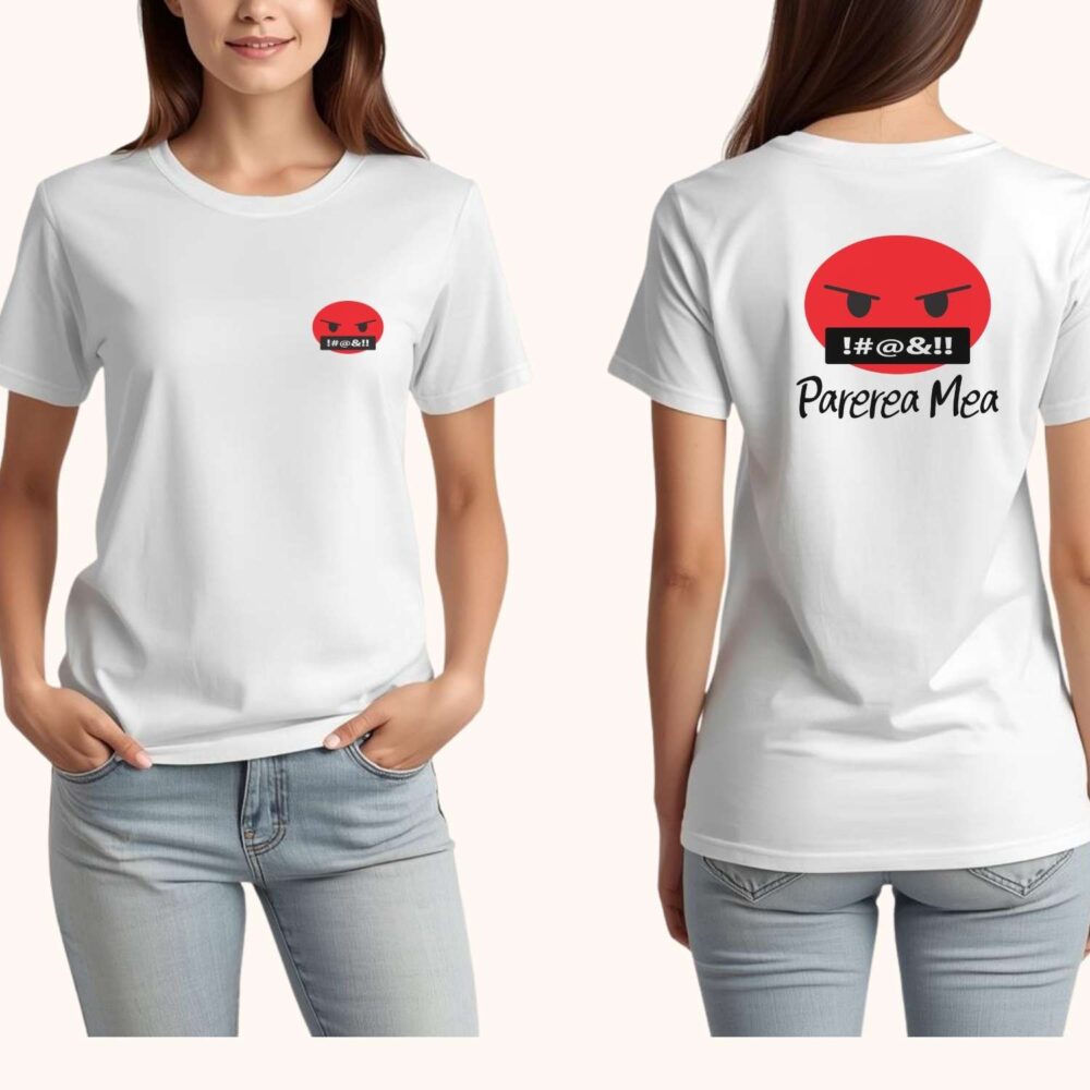 Tricou unisex alb, model femei – emoji angry „Părerea mea”, print față și spate
