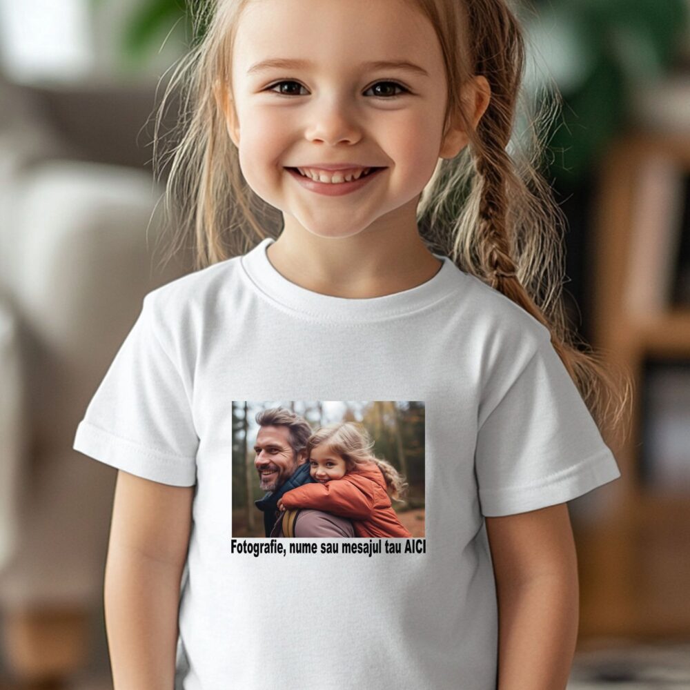 Fetita poarta tricou personalizat pentru copii alb, cu fotografi si mesaj propriu. Cadou unic