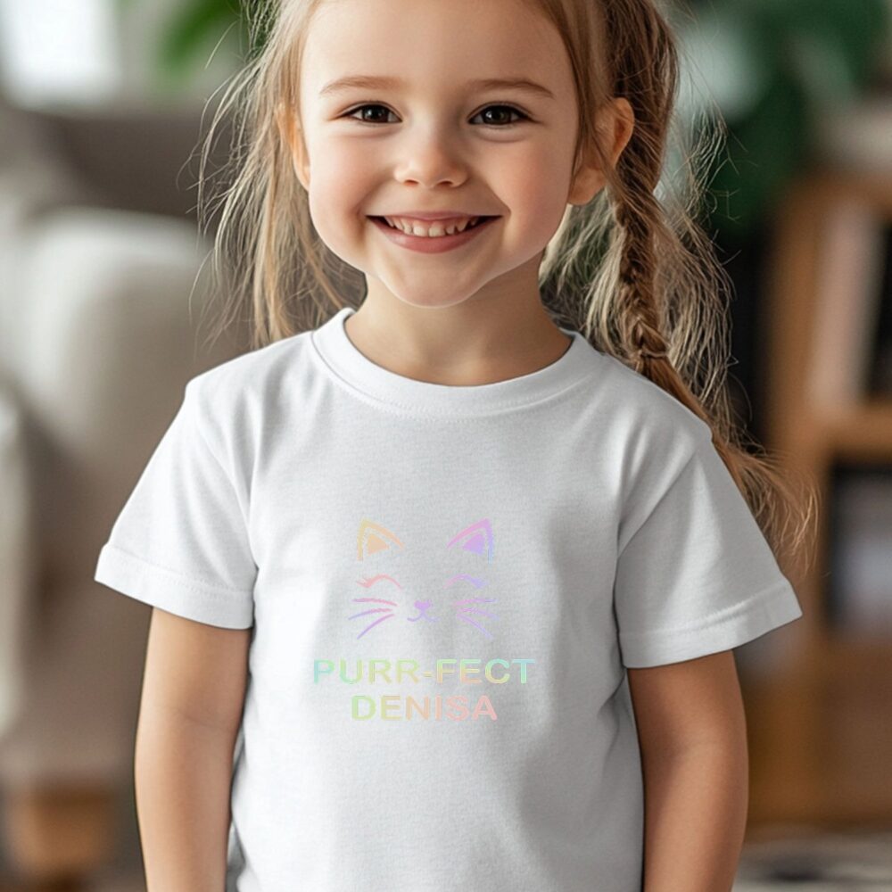 Tricou personalizat pentru copii cu vinil holografic, grafica cu pisica si nume propriu