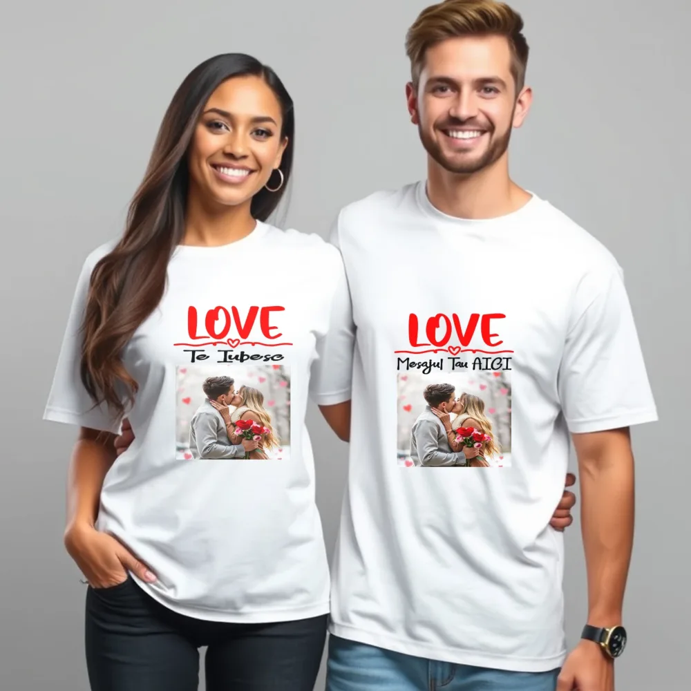 Tricouri cuplu cu poză și mesaj - LOVE – Cadoul personalizat ideal pentru îndrăgostiți
