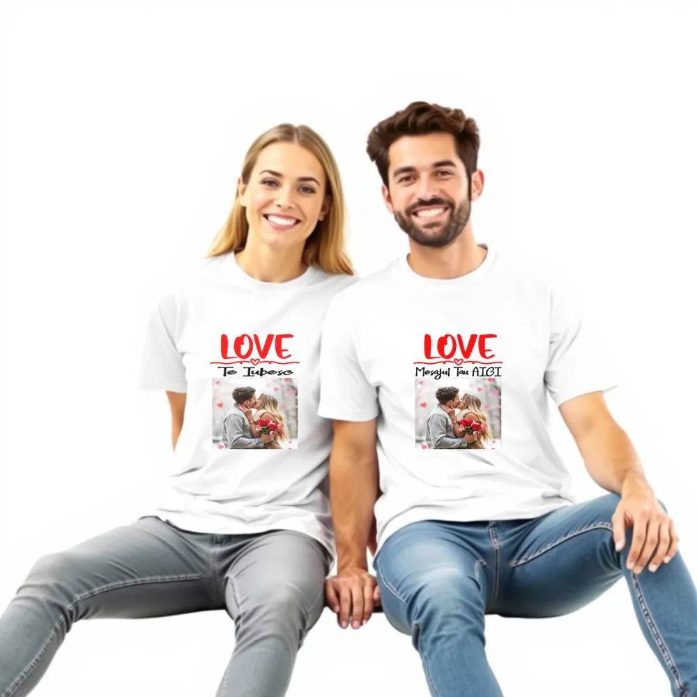 Tricouri cuplu cu poză și mesaj - LOVE – Cadoul personalizat ideal pentru îndrăgostiți