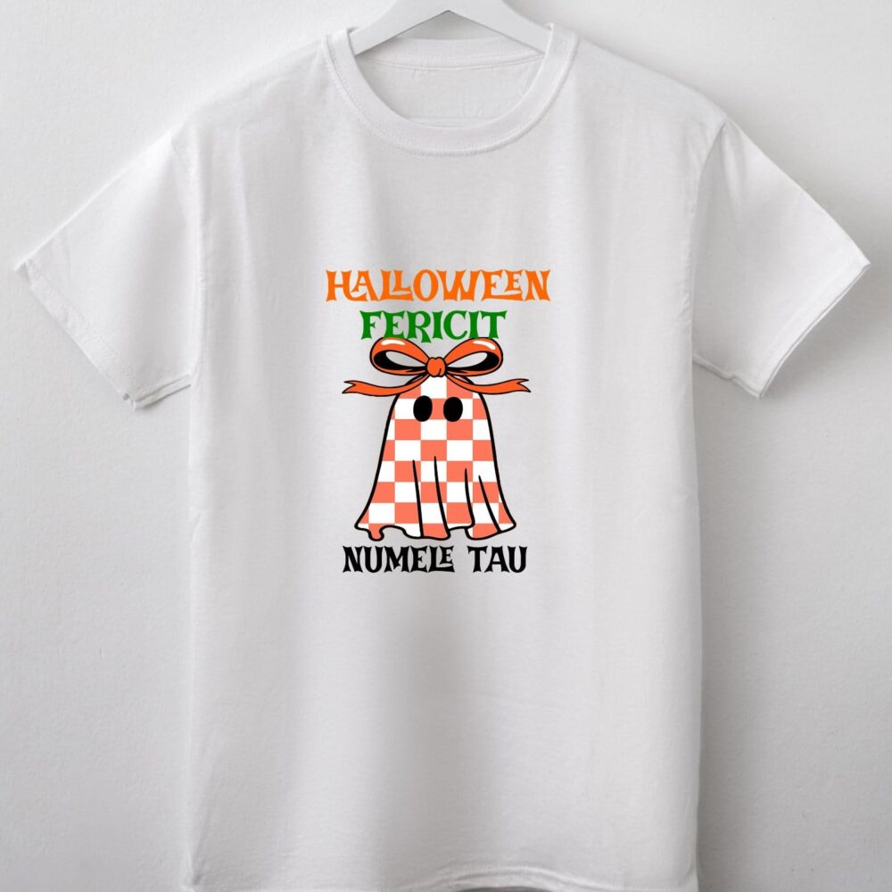Tricou Halloween personalizat fete cu fantomiță drăgălașă si nume – Cadoul tematic perfect pentru copii. Text editabil