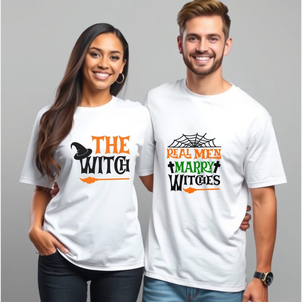 Tricouri tematice pentru cuplu – The Witch & Real Men Marry Witches - Cadoul personalizat perfect pentru Halloween