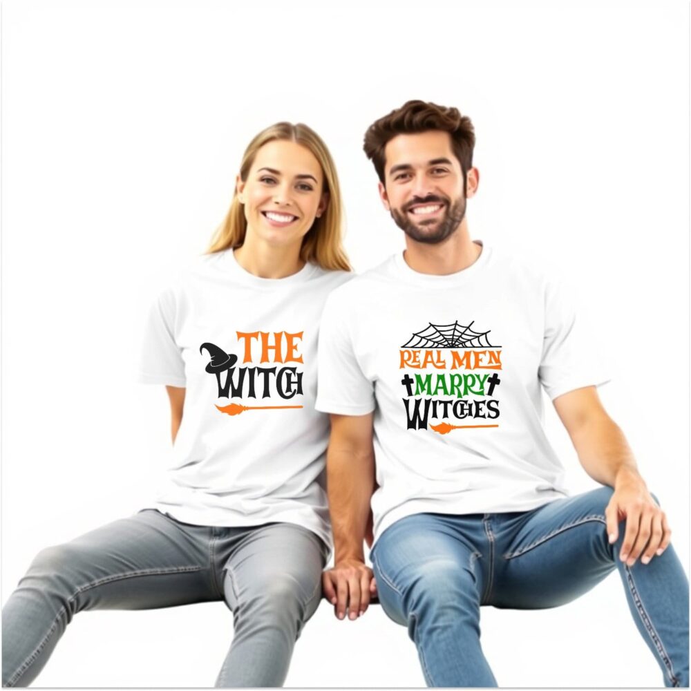 Tricouri tematice pentru cuplu – The Witch & Real Men Marry Witches - Cadoul personalizat perfect pentru Halloween