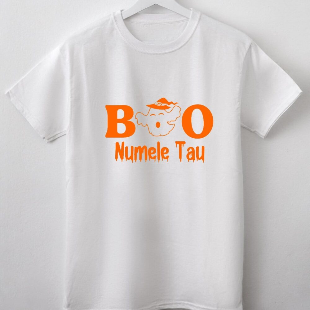 Tricou personalizat Halloween copii – BOO cu nume – Cadoul amuzant perfect din bumbac 100%