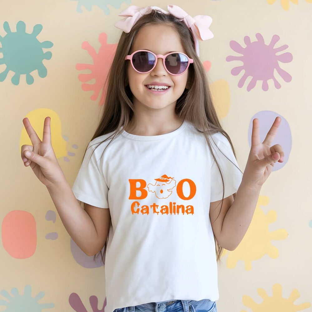 Tricou personalizat Halloween copii – BOO cu nume – Cadoul amuzant perfect din bumbac 100%
