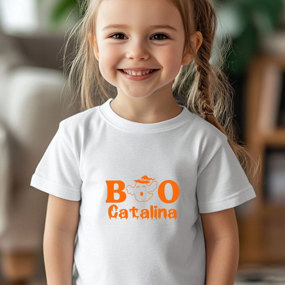 Tricou personalizat Halloween copii – BOO cu nume – Cadoul amuzant perfect din bumbac 100%