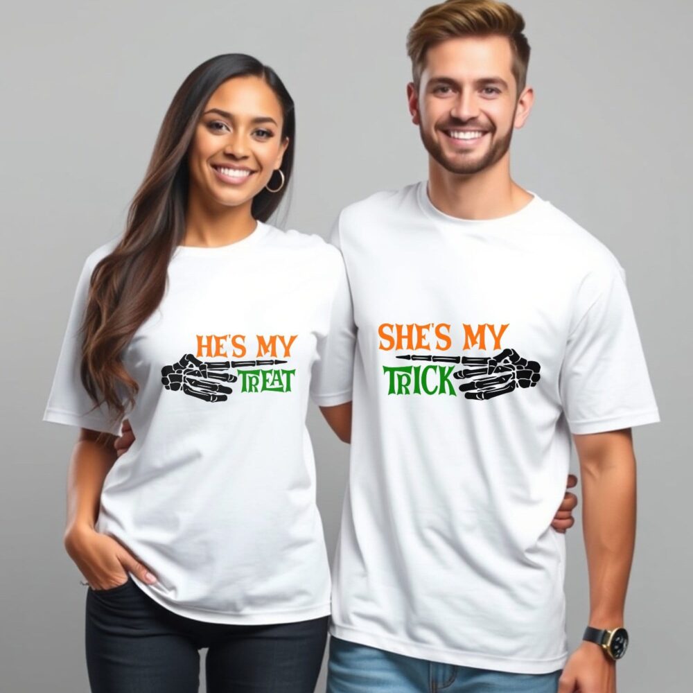 Tricouri tematice pentru cupluri – He's My Treat & She's My Trick - Cadoul personalizat perfect pentru Halloween cu text editabil