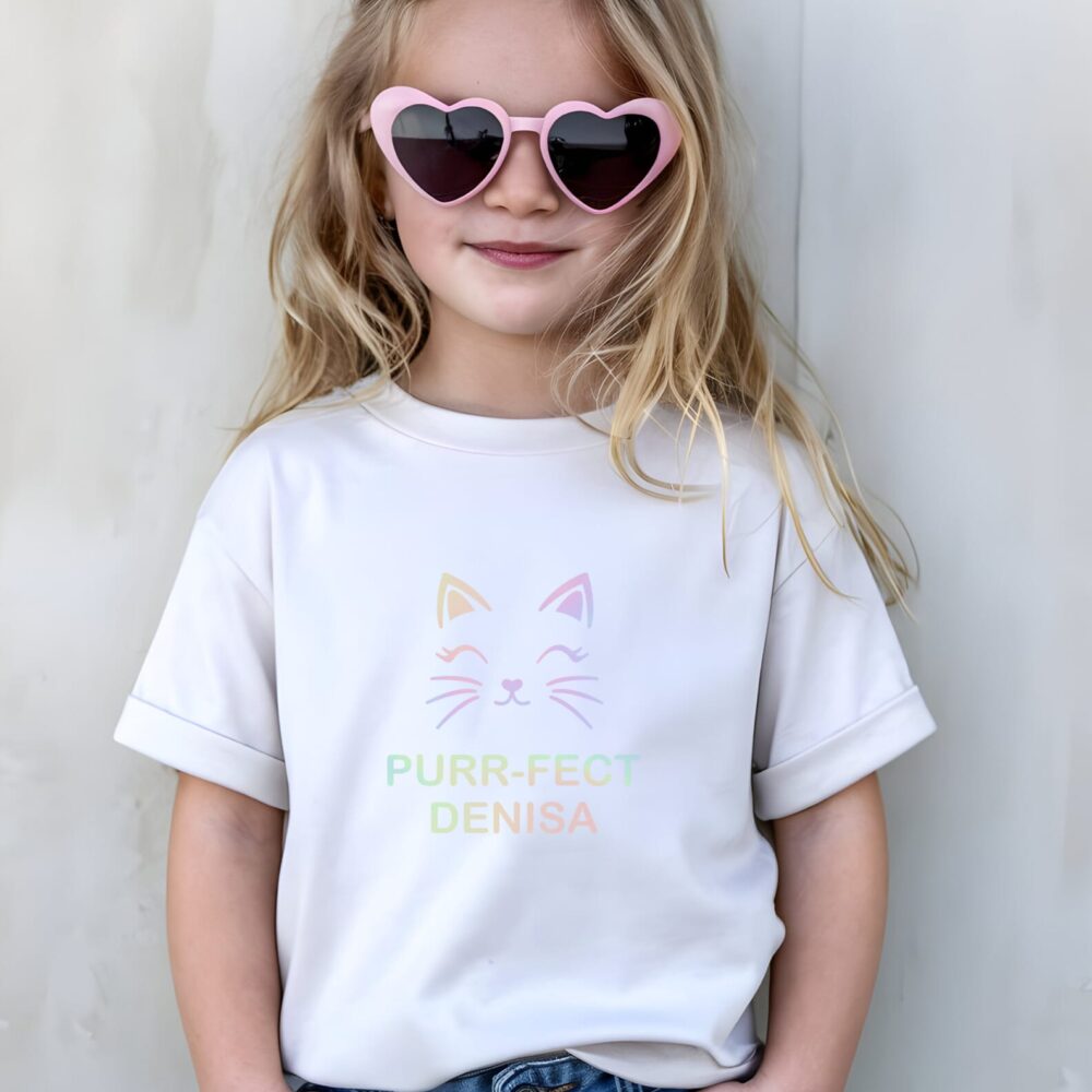Tricou personalizat cu pisică pentru copii – Purr-fect cu nume - Design holografic adorabil
