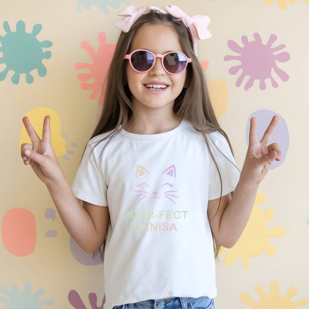 Tricou personalizat cu pisică pentru copii – Purr-fect cu nume - Design holografic adorabil