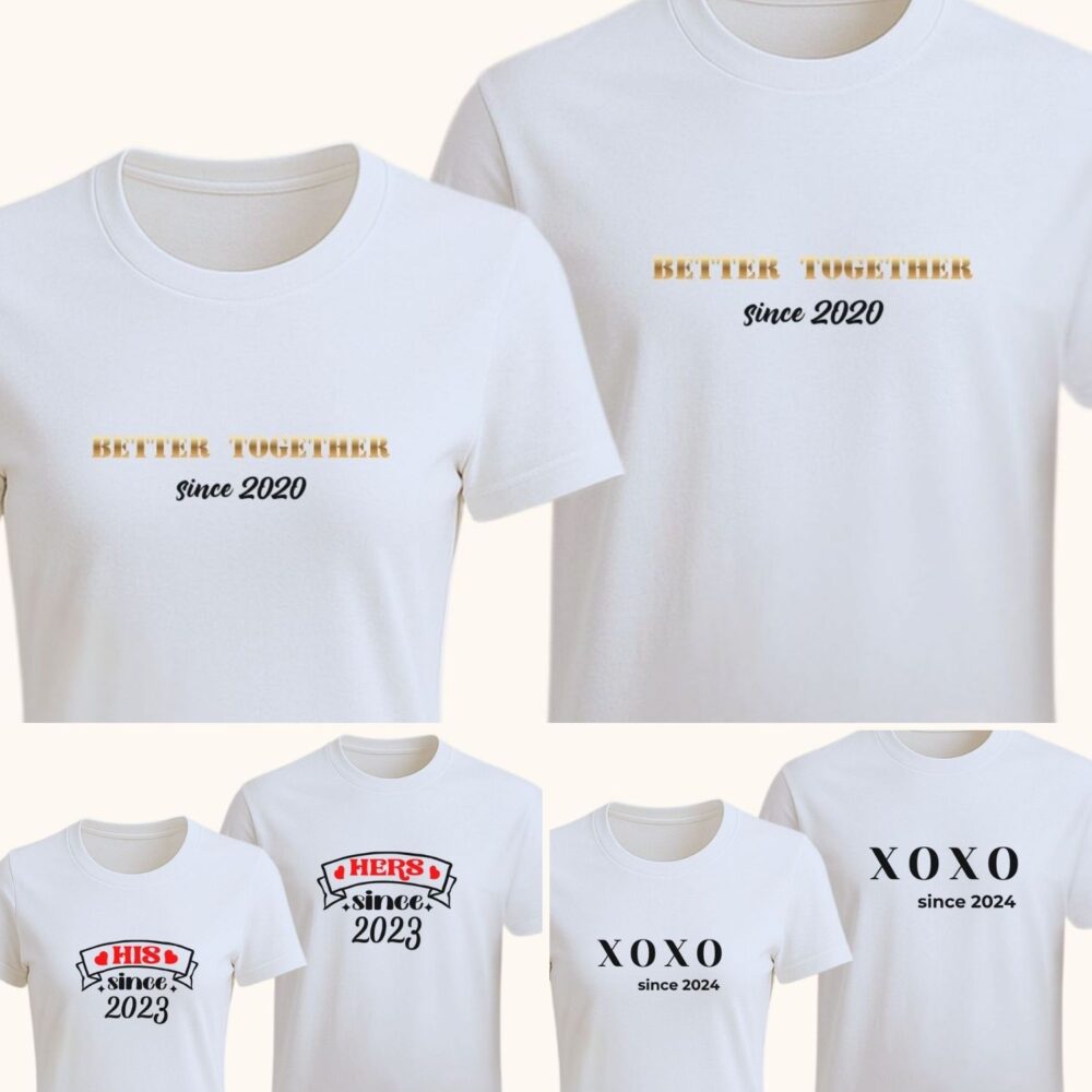 Set tricouri cuplu His Hers Together Since cu 3 modele personalizabile cu anul, tricouri pereche el si ea