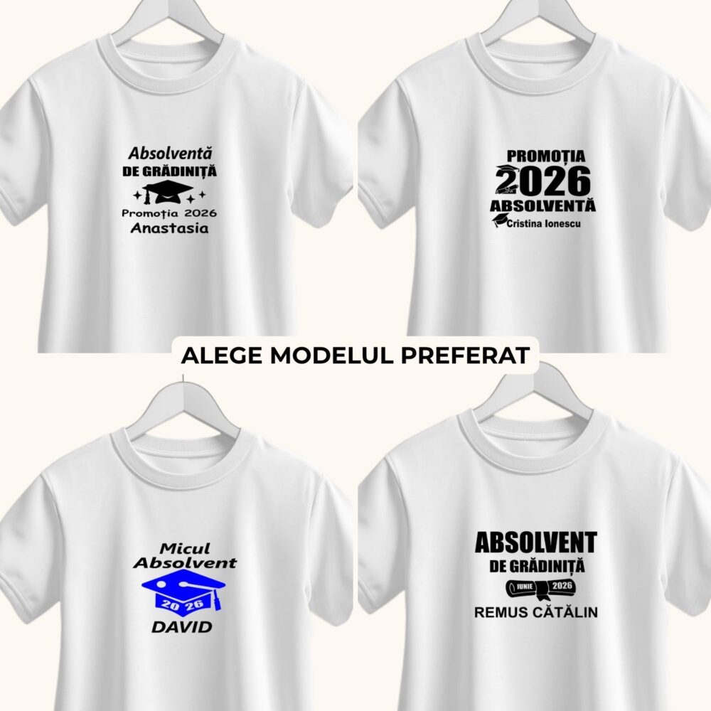 Tricou absolvent copii personalizat cu 4 modele pentru fete și băieți, cu nume, an și text pentru absolvire grădiniță sau final de an școlar