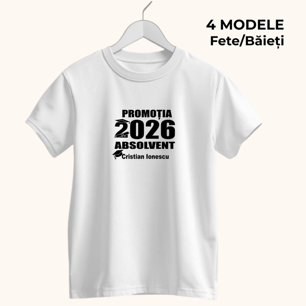 Tricou absolvent copii personalizat cu nume și an, model Promoția 2026 Absolvent, ideal pentru grădiniță, clasa a IV-a și festivitatea de absolvire