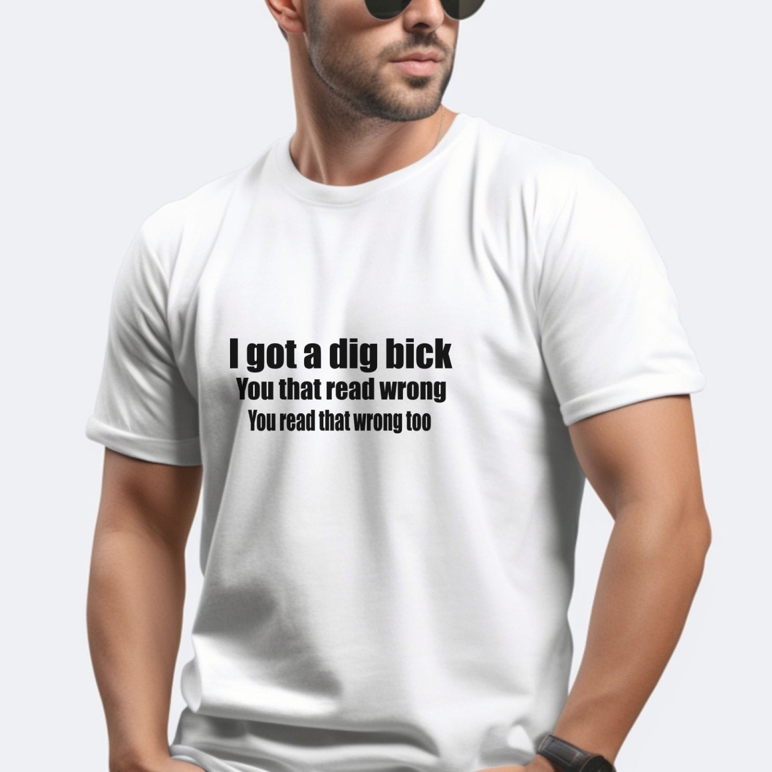 tricou-amuzant-barbati-prank-dig-bick-alb-lifestyle Model bărbat purtând tricou alb personalizat cu mesaj amuzant „I got a dig bick” – tricou cu atitudine