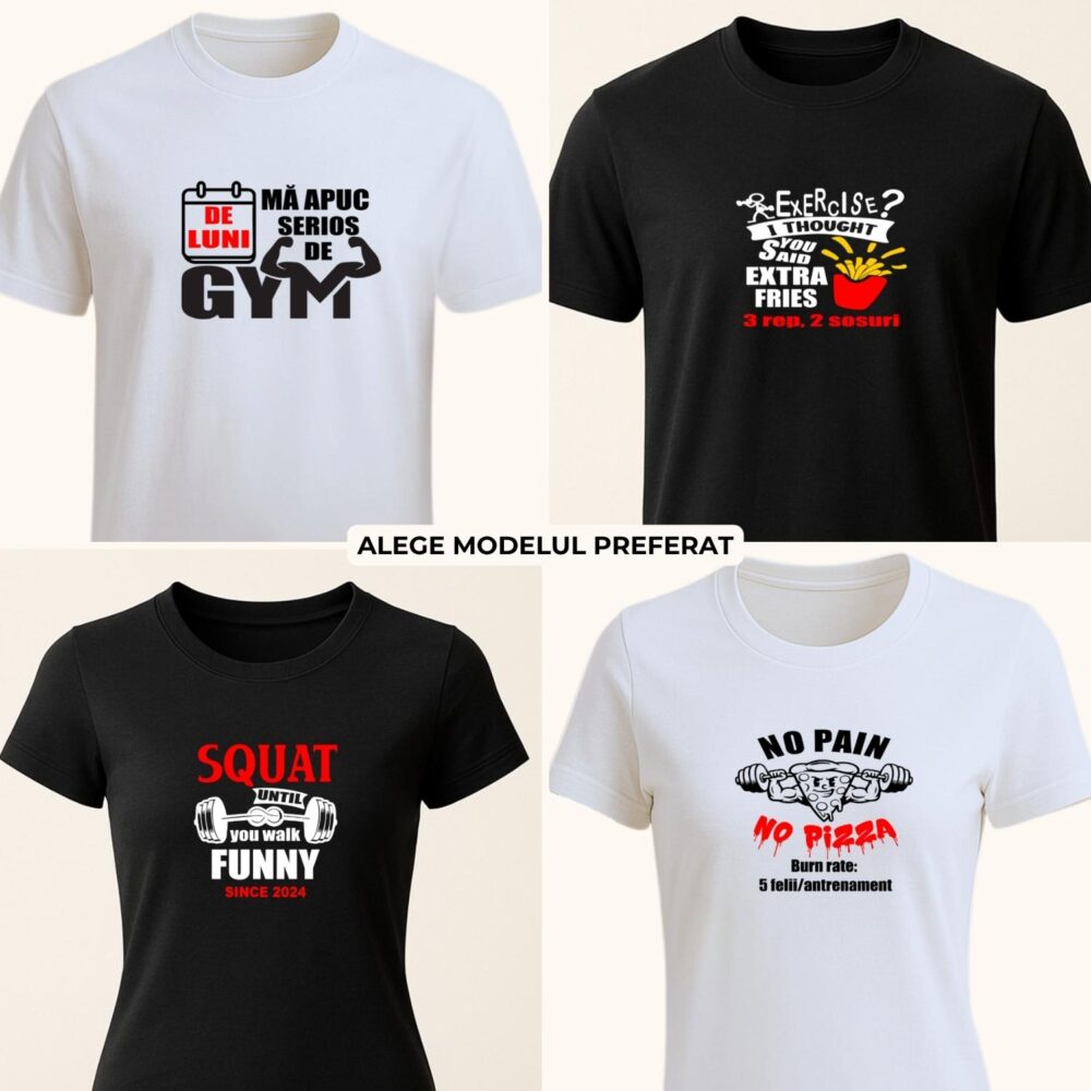 Tricou amuzant gym workout unisex cu 4 modele funny pentru sală, pizza, extra fries și leg day