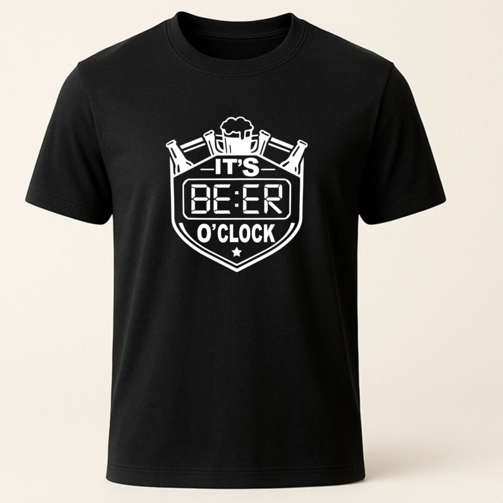 Tricou bărbați negru „It’s Beer o’clock” – imagine produs, tricou cu mesaj de bere