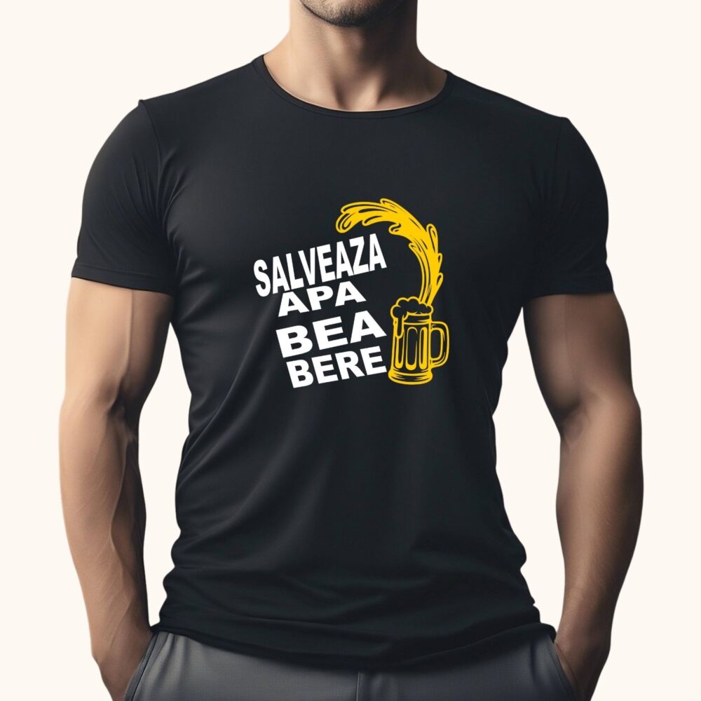 Tricou bărbați negru „Salvează apa, bea bere” – tricou amuzant bere, personalizat, mockup lifestyle