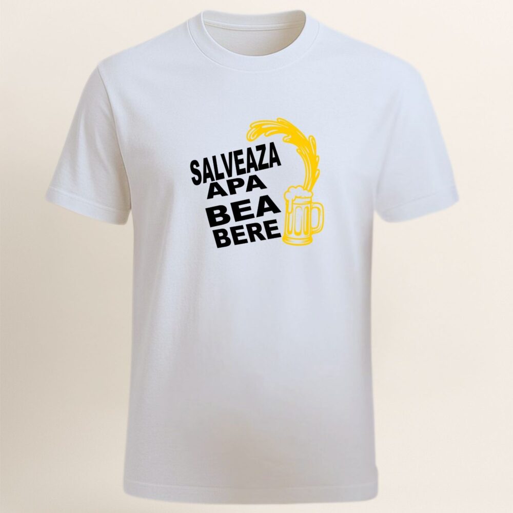 Tricou personalizat bărbați, alb cu mesaj amuzant „Salvează apa, bea bere” – cadou amuzant pentru el