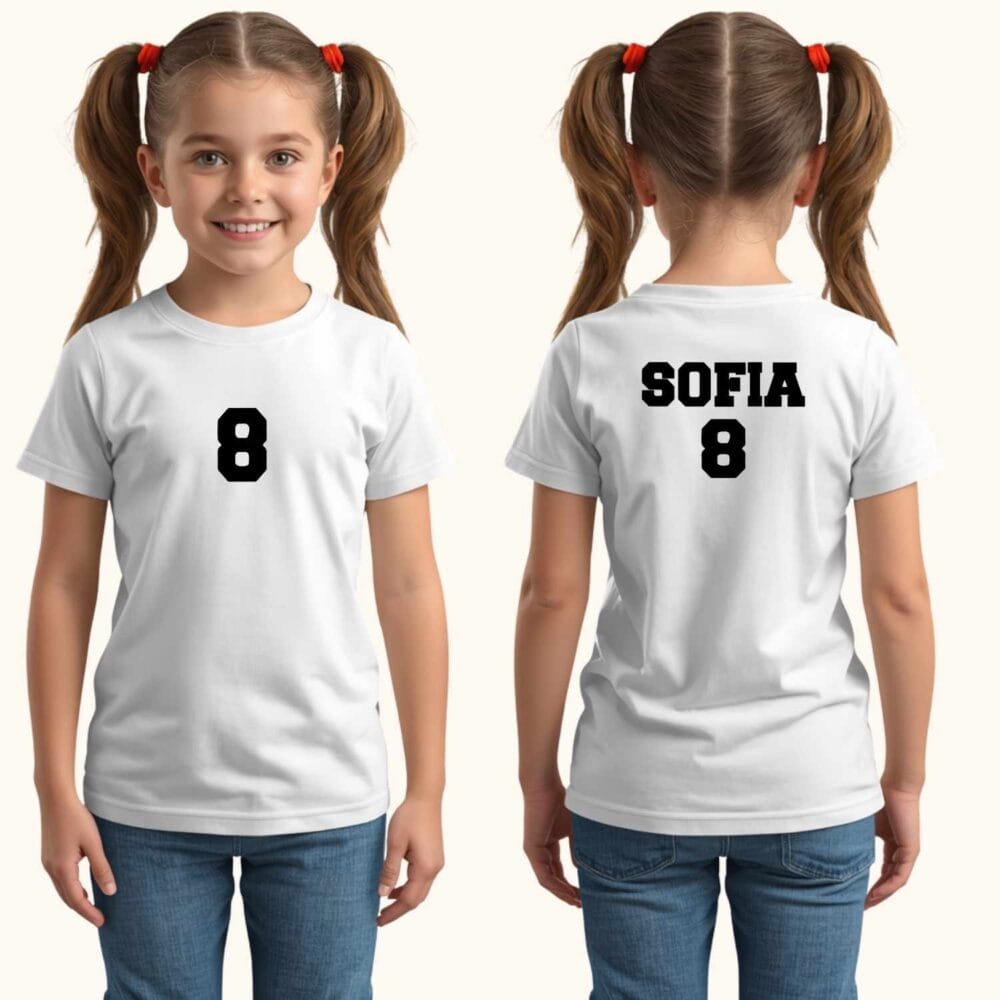 Tricou sport copii pentru fete personalizat cu numele Sofia si numarul 8 fata-spate