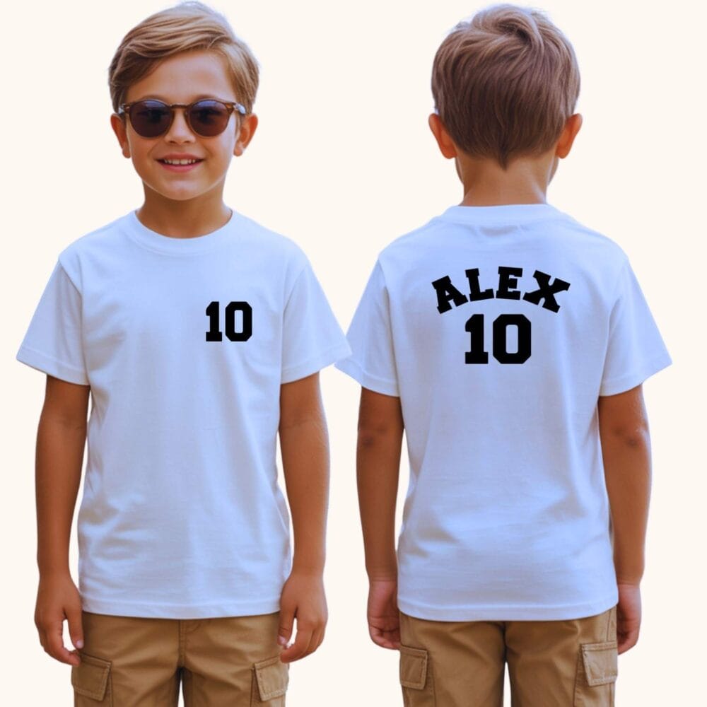 Tricou copii personalizat model Jersey cu numele Alex arcuit si numarul 10 fata-spate