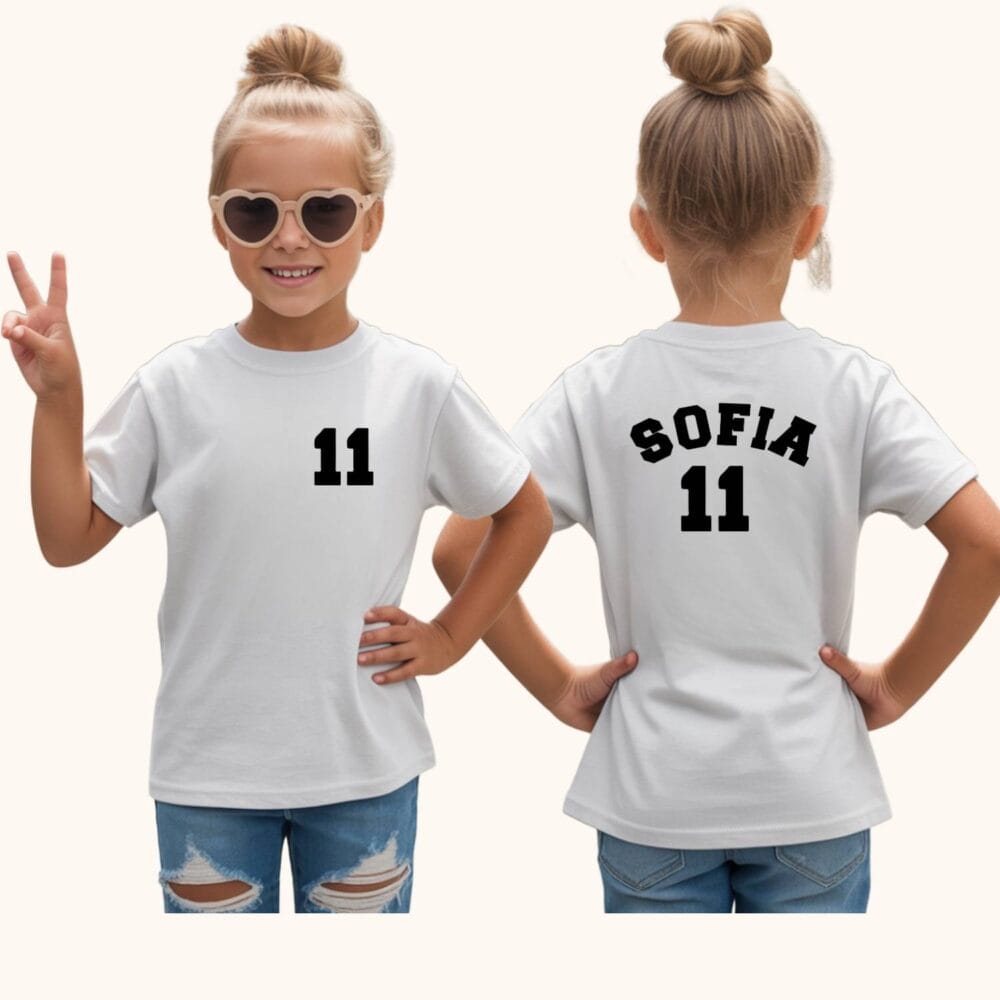 Tricou copii model Jersey personalizat cu numele Sofia arcuit si numarul 11 fata-spate