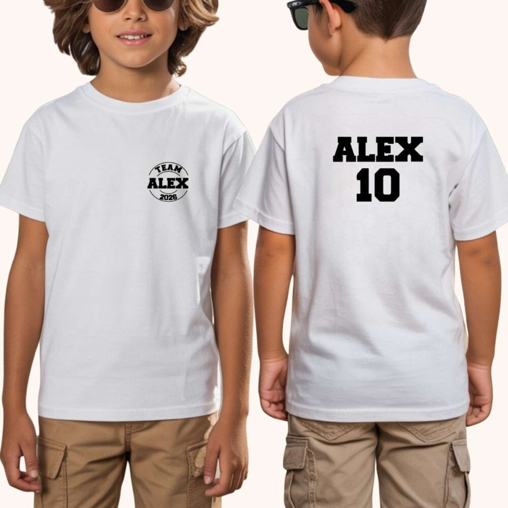 Tricou copii Team Edition personalizat fata spate cu numele Alex si numarul 10 pe spate, si badge Team Alex pe fata.