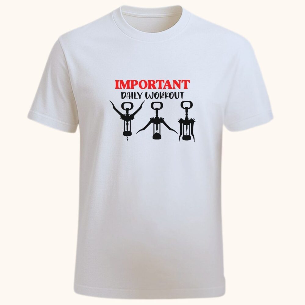 Tricou unisex, personalizat cu mesaj amuzant pentru gym – model IMPORTANT Workout, alb. Cadou funny pentru prieteni și colegi