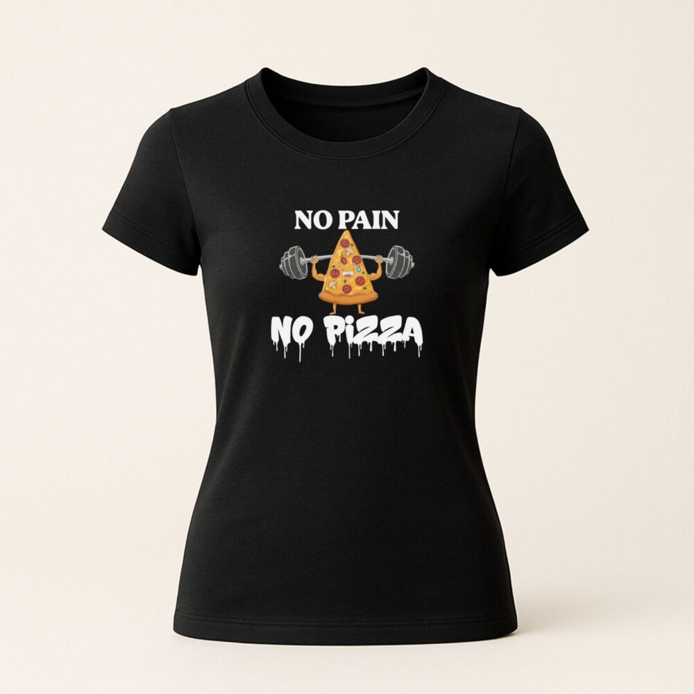 Tricou unisex negru, personalizat cu grafică și mesaj amuzant gym – No Pain No Pizza, negru. Cadou funny gym