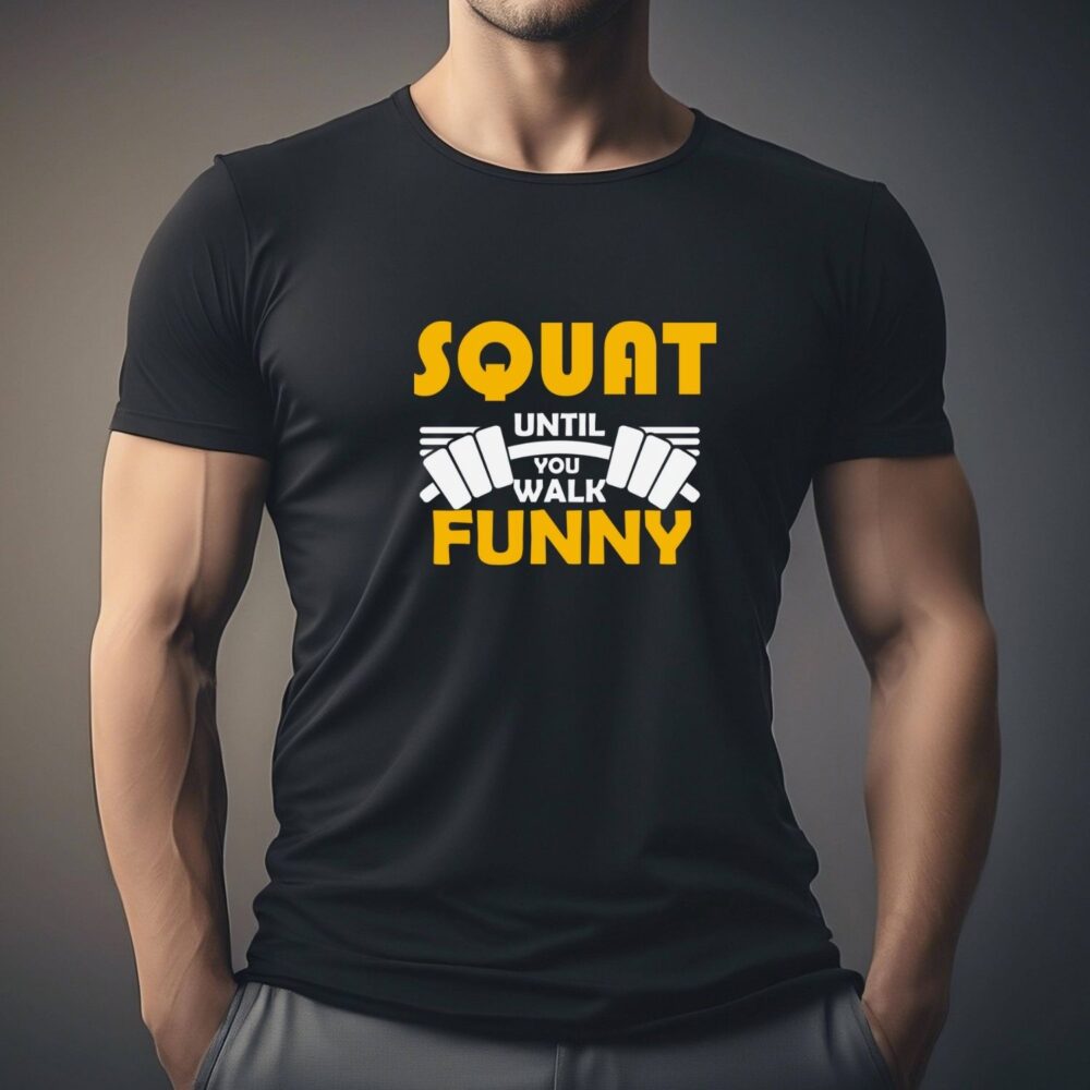 Tricou amuzant personalizat pentru sală sau gym, cu mesaj “Squat until you walk funny” – purtat de barbat, model negru, 100% bumbac