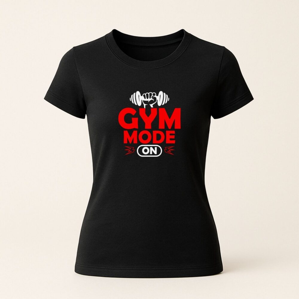 Tricou gym personalizat pentru femei negru „Gym Mode On” roșu, croială cambrată