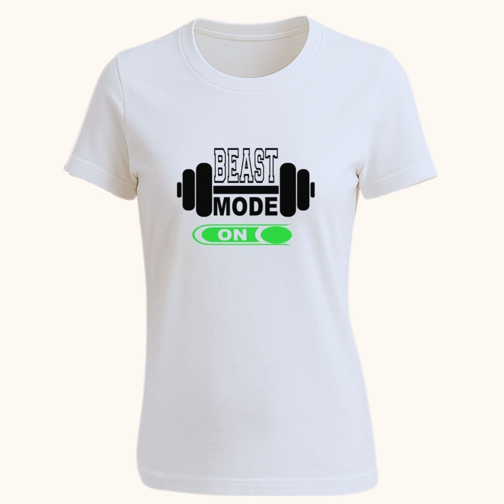 Tricou fitness personalizat unisex alb „Beast Mode On” cu halteră, imagine produs
