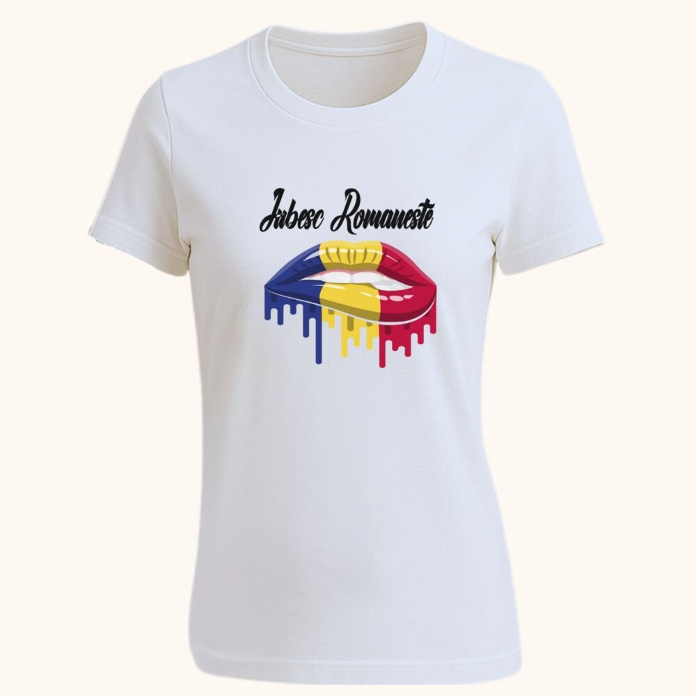 Tricou damă „Iubesc Românește” alb – design buze cu tricolor, cadou Dragobete și 1 Decembrie