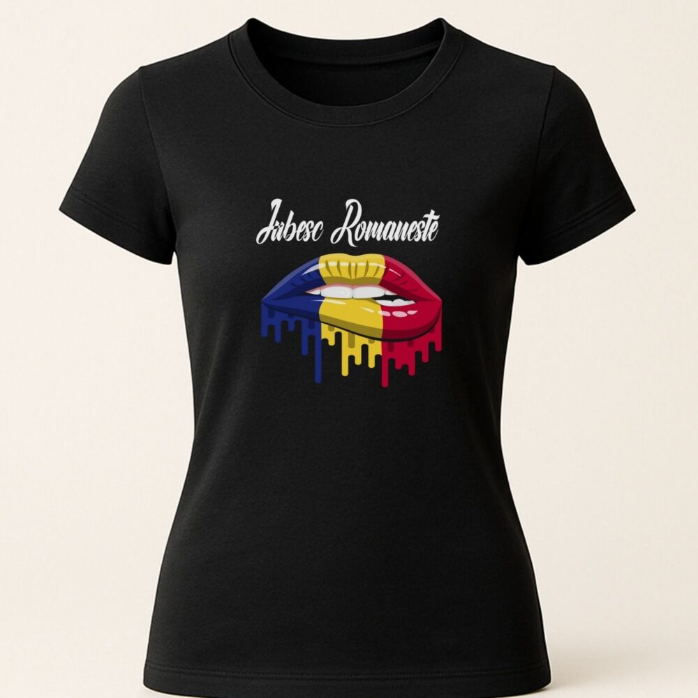 Tricou damă „Iubesc Românește” negru – tricou patriotic modern cu buze tricolor
