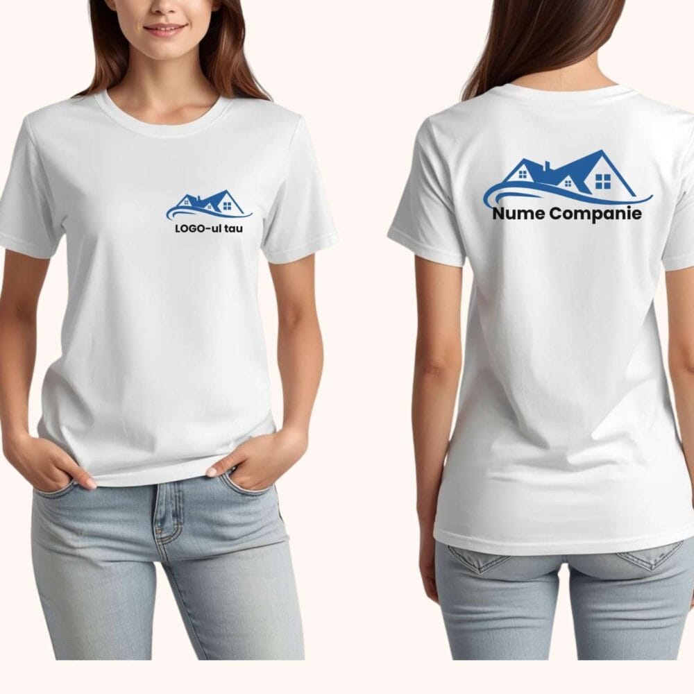 Tricou cu logo companie unisex – model femeie, logo piept și logo spate pentru branding echipă