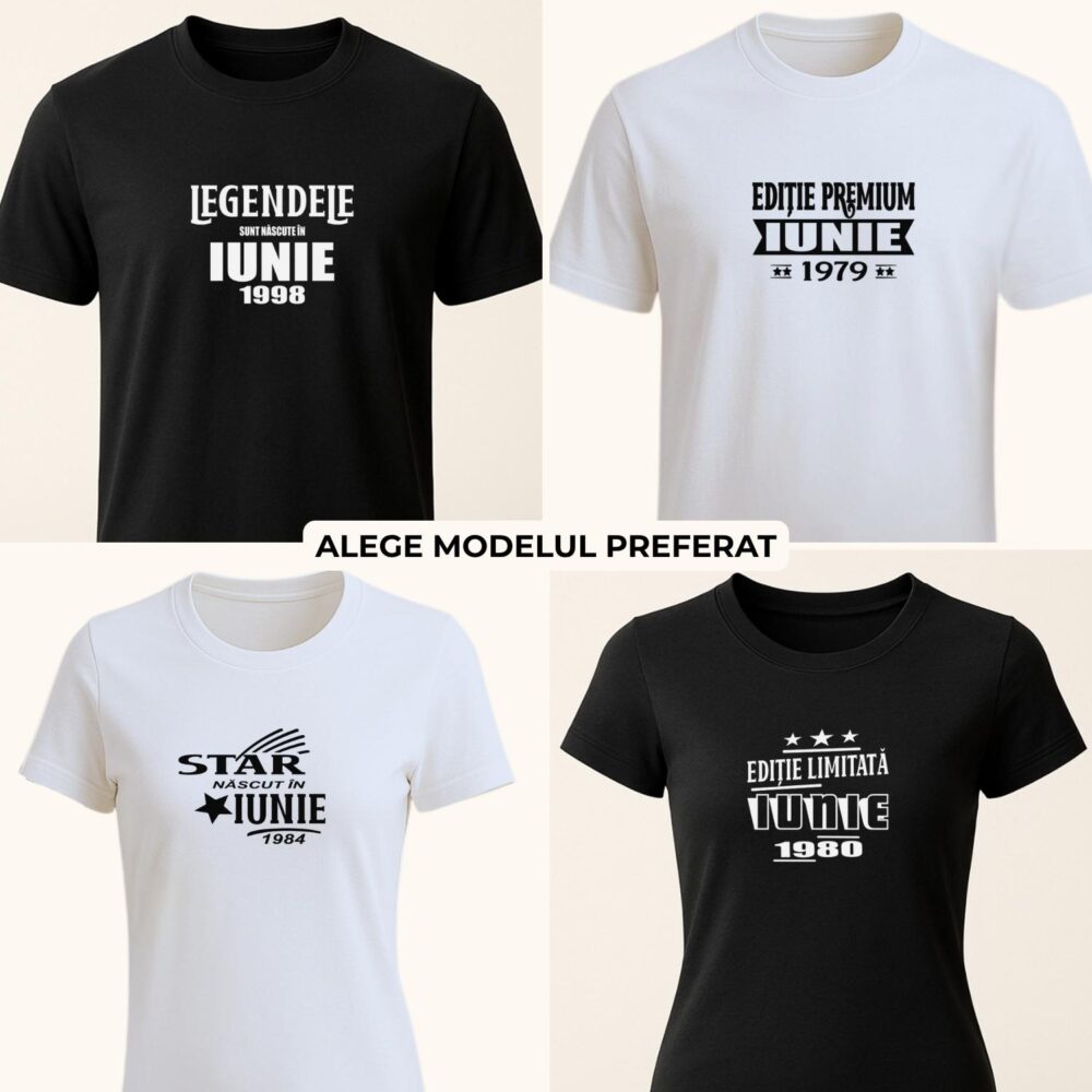 Colaj cu 4 modele de tricou personalizat Născut în Iunie, unisex, cu an și lună pentru cadou aniversar