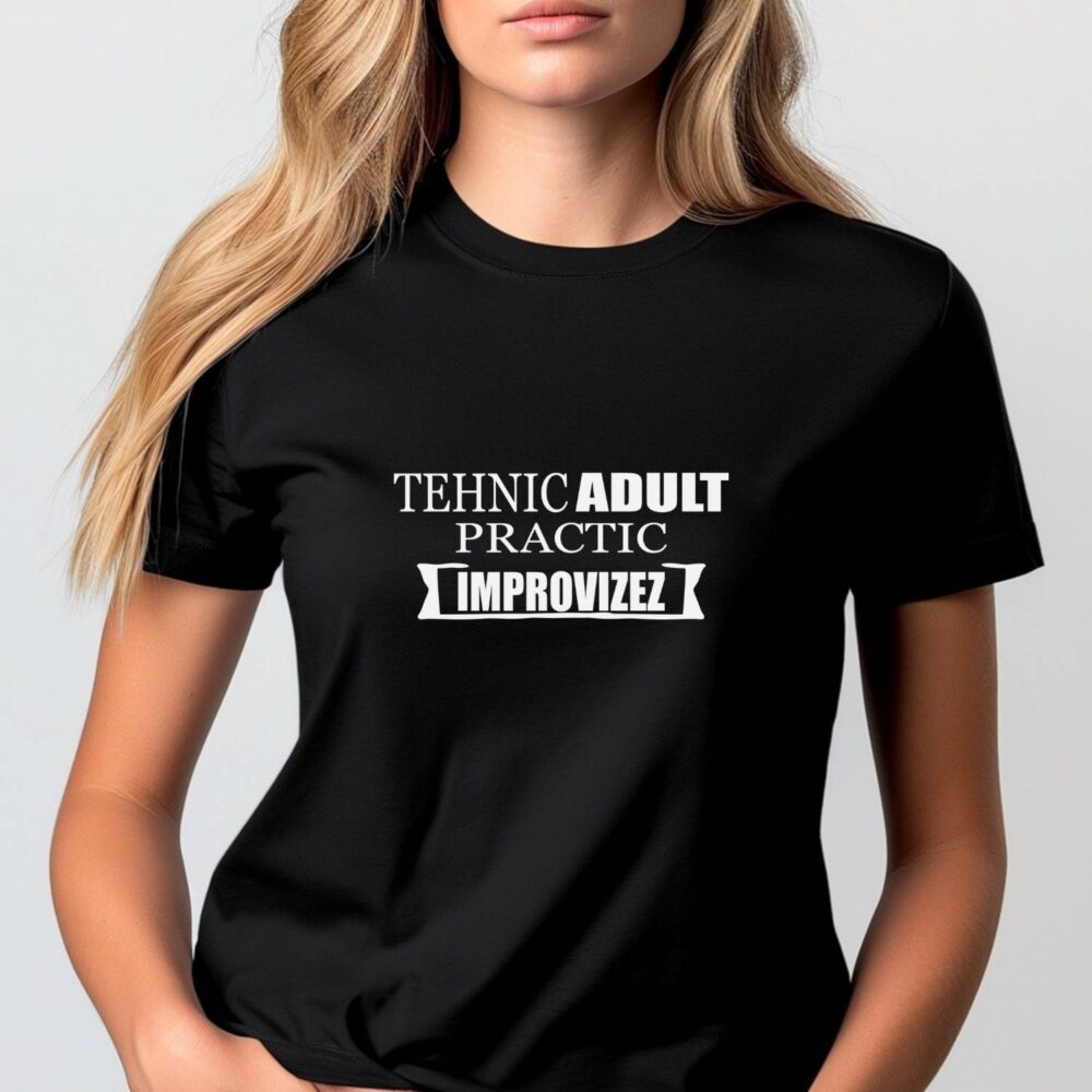 Tricou personalizat amuzant Tehnic adult, practic improvizez, pe negru, model unisex.
