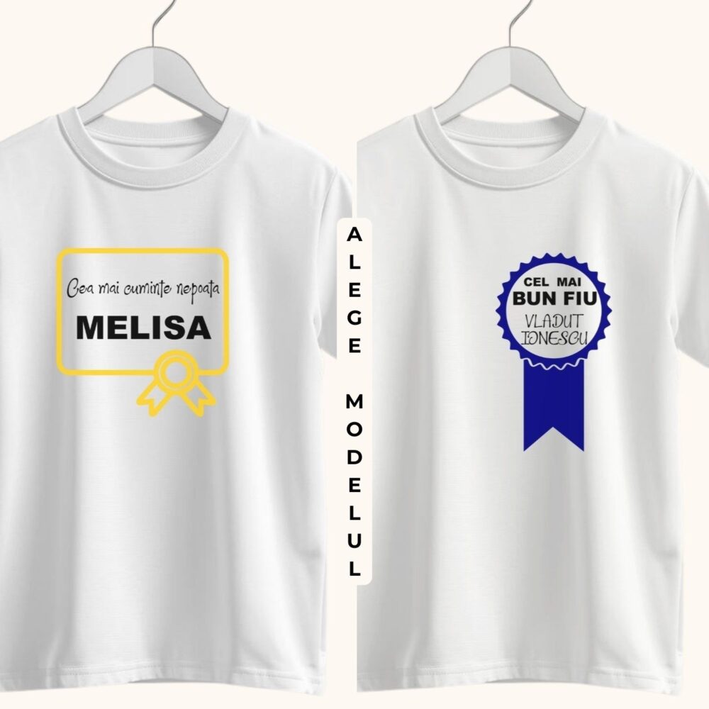 Tricou personalizat pentru copii tip diploma sau badge onoare, 2 modele baiat si fata, cadou cu nume si mesaj