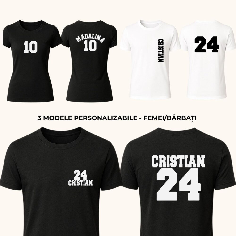 Tricou personalizat cu nume și număr față/spate, 3 modele femei și bărbați, alb și negru