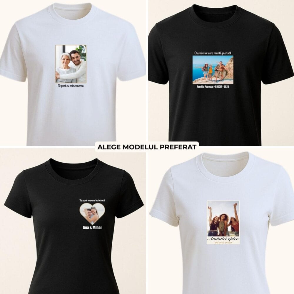 colaj imagini de Tricou personalizat cu poză și mesaj în 4 modele alb și negru pentru cadou unic