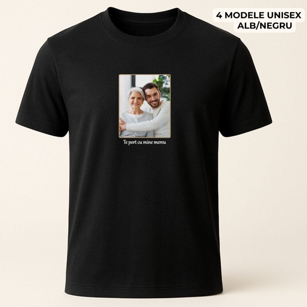 Tricou personalizat cu poză și mesaj, negru cu text emoțional pentru cadou personalizat