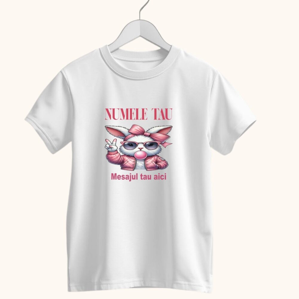 Tricou personalizat fetițe cu nume și mesaj la alegere design iepuraș cu ochelari