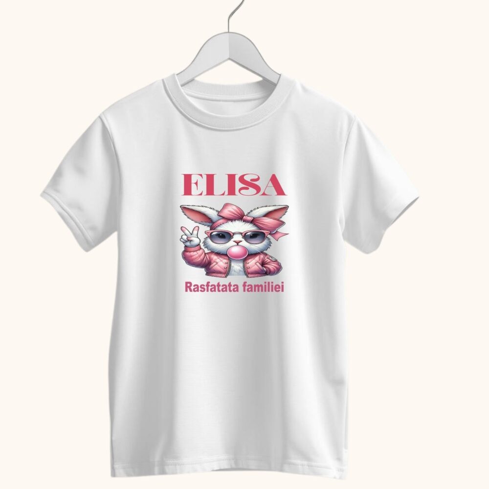 Tricou personalizat fetițe cu nume Răsfățata familiei iepuraș cool cu ochelari
