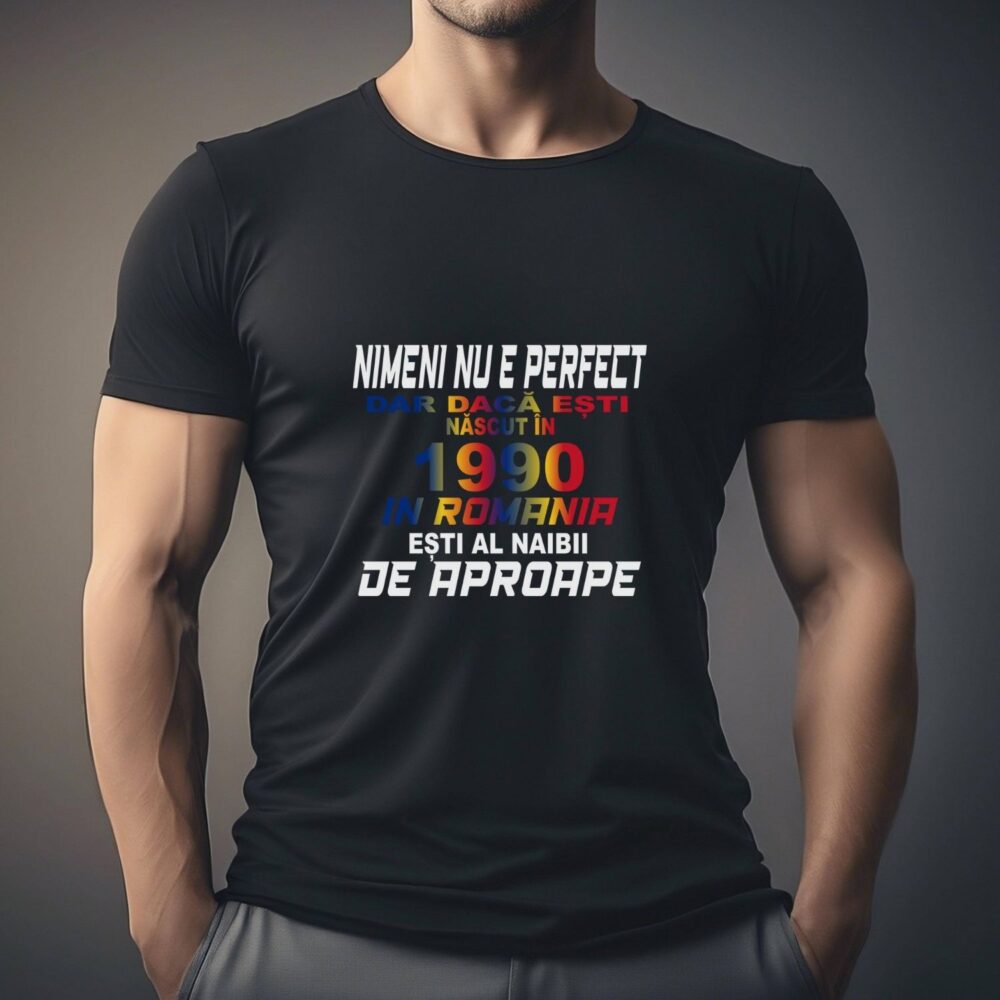Tricou personalizat unisex Nascut in Romania cu an la alegere negru model barbat